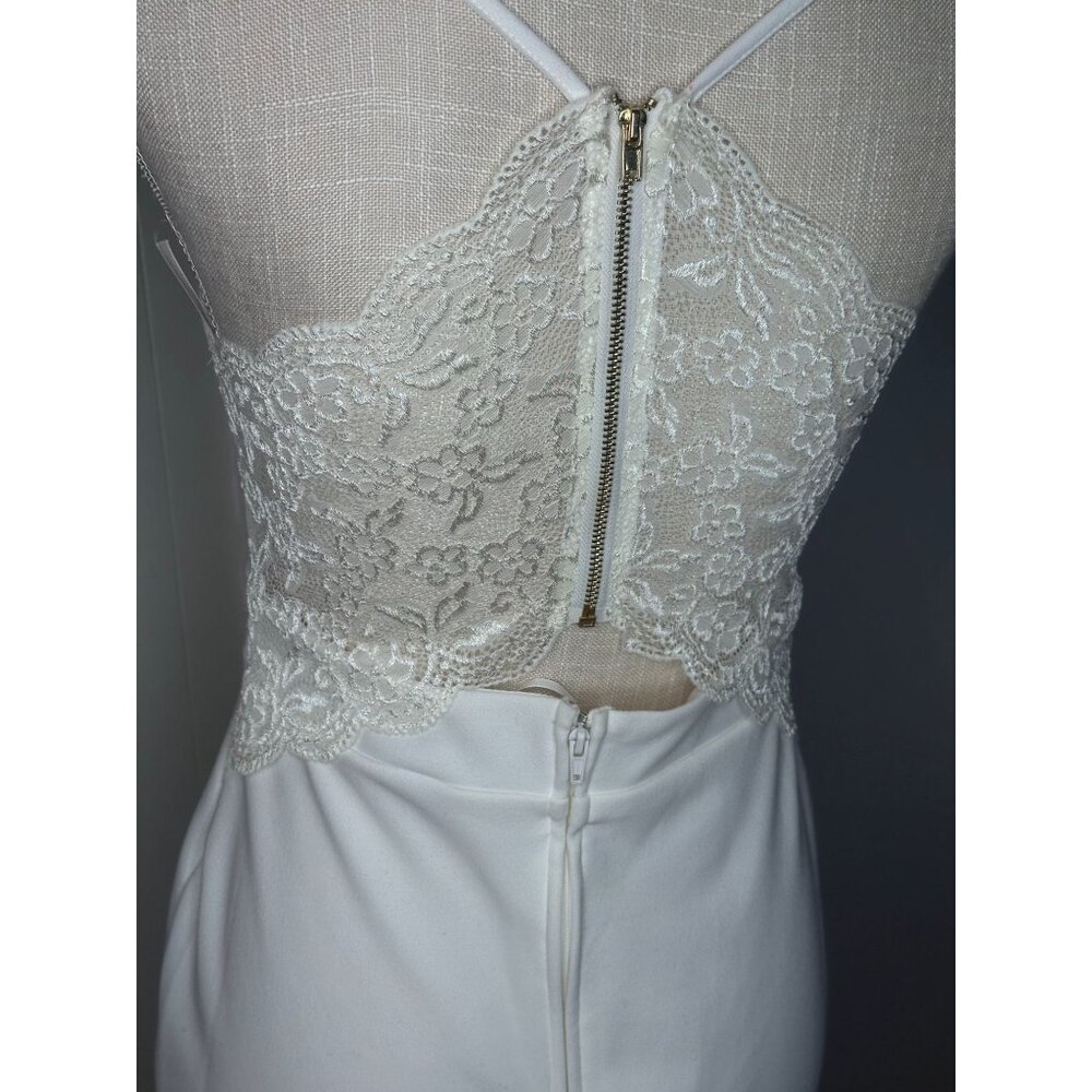 White Spaghetti Strap Lace Back Midi Dress Gold Zipper Formal Wedding Homecoming - Picture 7 of 16
